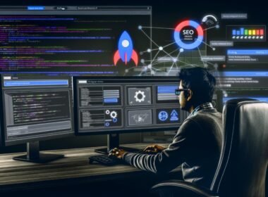 Webentwickler vor großem Monitor mit Joomla-SEO-Tools, dunkles Admin-Interface, SEO-freundliche URL-Einstellungen, Core Web Vitals und Google-Ranking-Anzeige im Hintergrund, umgeben von technischen Symbolen.