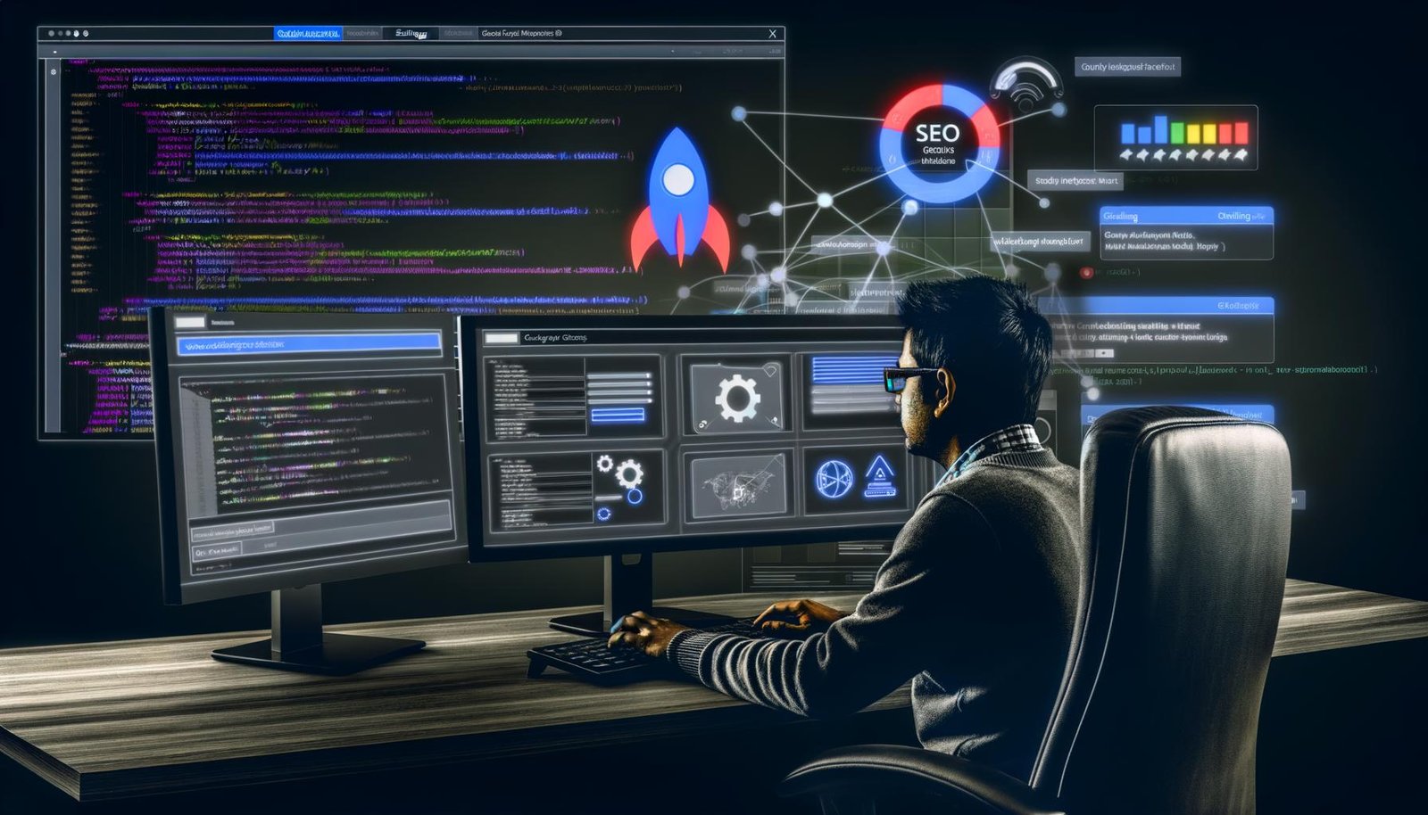Webentwickler vor großem Monitor mit Joomla-SEO-Tools, dunkles Admin-Interface, SEO-freundliche URL-Einstellungen, Core Web Vitals und Google-Ranking-Anzeige im Hintergrund, umgeben von technischen Symbolen.