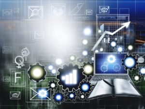 Magazin-Cover mit dynamischer Collage aus digitalen Marketing-Elementen wie Laptop mit Umsatzdiagrammen, Notizbüchern, Zahnrädern und leuchtenden Icons für SEO, Analytics und E-Mail-Marketing, umgeben von Social-Media-Logos in urbanem Nebel.