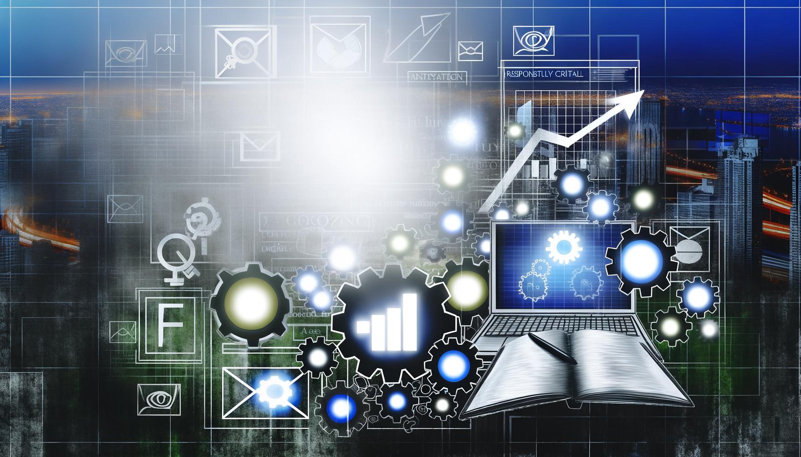 Magazin-Cover mit dynamischer Collage aus digitalen Marketing-Elementen wie Laptop mit Umsatzdiagrammen, Notizbüchern, Zahnrädern und leuchtenden Icons für SEO, Analytics und E-Mail-Marketing, umgeben von Social-Media-Logos in urbanem Nebel.