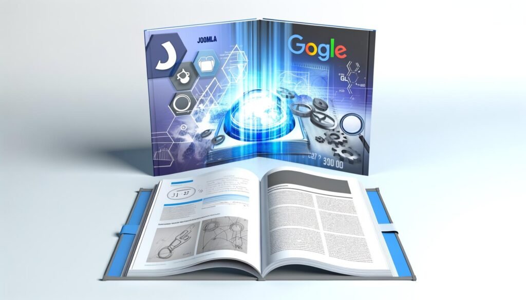 Technisch-dynamisches Titelbild: Handbuch mit Joomla-Icons, SEO-Elementen wie Graphen und Suchmaschinensymbolen, abstrahierte Google-Startseite im Hintergrund.