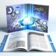 Technisch-dynamisches Titelbild: Handbuch mit Joomla-Icons, SEO-Elementen wie Graphen und Suchmaschinensymbolen, abstrahierte Google-Startseite im Hintergrund.