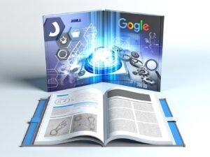 Technisch-dynamisches Titelbild: Handbuch mit Joomla-Icons, SEO-Elementen wie Graphen und Suchmaschinensymbolen, abstrahierte Google-Startseite im Hintergrund.