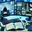 Technisch moderner Arbeitsplatz mit ultrabreiten Monitoren voller Daten, Charts und Dashboards, daneben Notizbuch, Tastatur, Maus, Smartphone und Headset, im Hintergrund digitale Zahlen und Codezeilen.