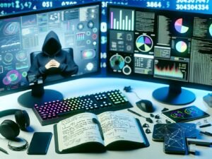 Technisch moderner Arbeitsplatz mit ultrabreiten Monitoren voller Daten, Charts und Dashboards, daneben Notizbuch, Tastatur, Maus, Smartphone und Headset, im Hintergrund digitale Zahlen und Codezeilen.