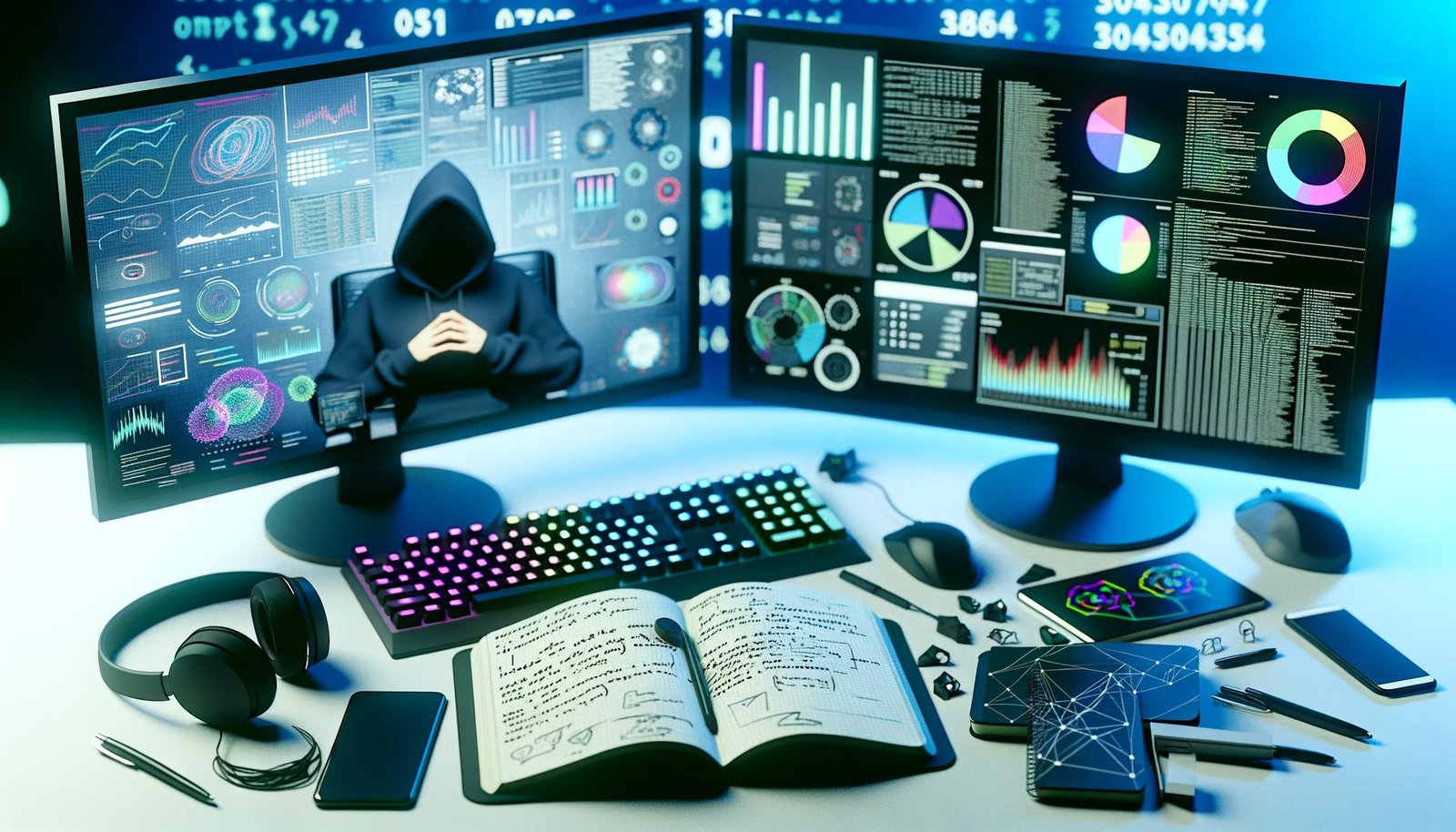 Technisch moderner Arbeitsplatz mit ultrabreiten Monitoren voller Daten, Charts und Dashboards, daneben Notizbuch, Tastatur, Maus, Smartphone und Headset, im Hintergrund digitale Zahlen und Codezeilen.
