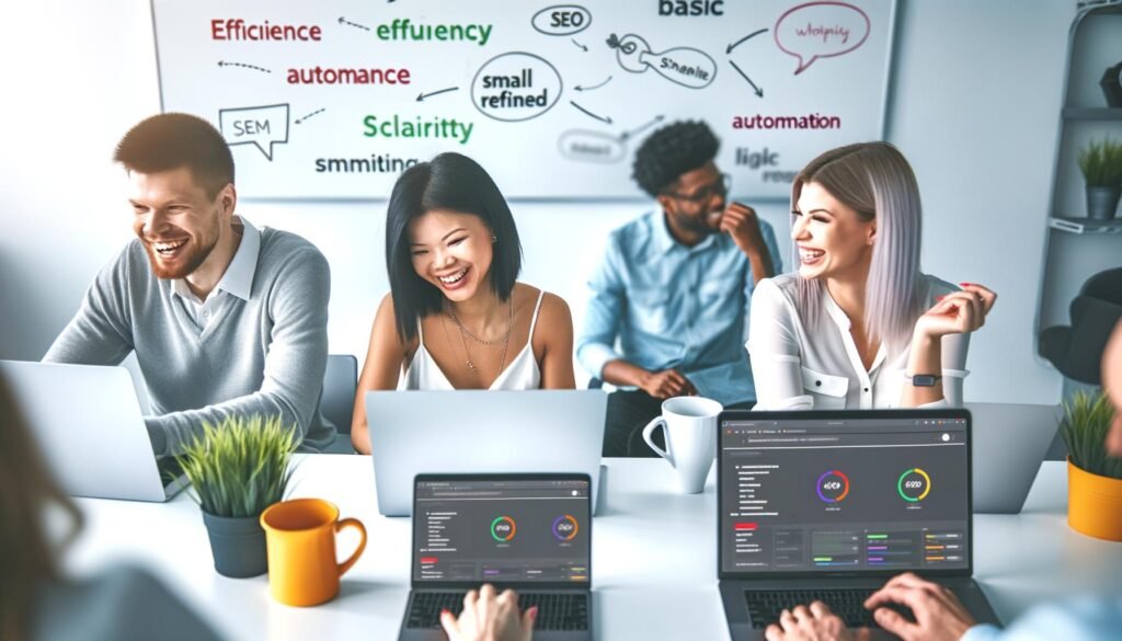 Drei junge Marketing-Profis arbeiten an Laptops in einem modernen Büro vor klaren SEO-Dashboards, tauschen Ideen zu Automatisierung und Effizienz aus und schreiben am Whiteboard.