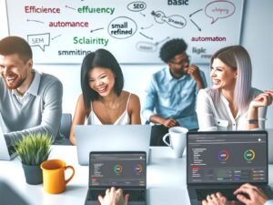 Drei junge Marketing-Profis arbeiten an Laptops in einem modernen Büro vor klaren SEO-Dashboards, tauschen Ideen zu Automatisierung und Effizienz aus und schreiben am Whiteboard.