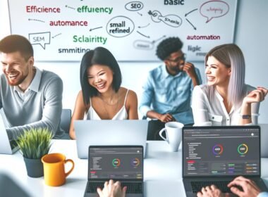 Drei junge Marketing-Profis arbeiten an Laptops in einem modernen Büro vor klaren SEO-Dashboards, tauschen Ideen zu Automatisierung und Effizienz aus und schreiben am Whiteboard.