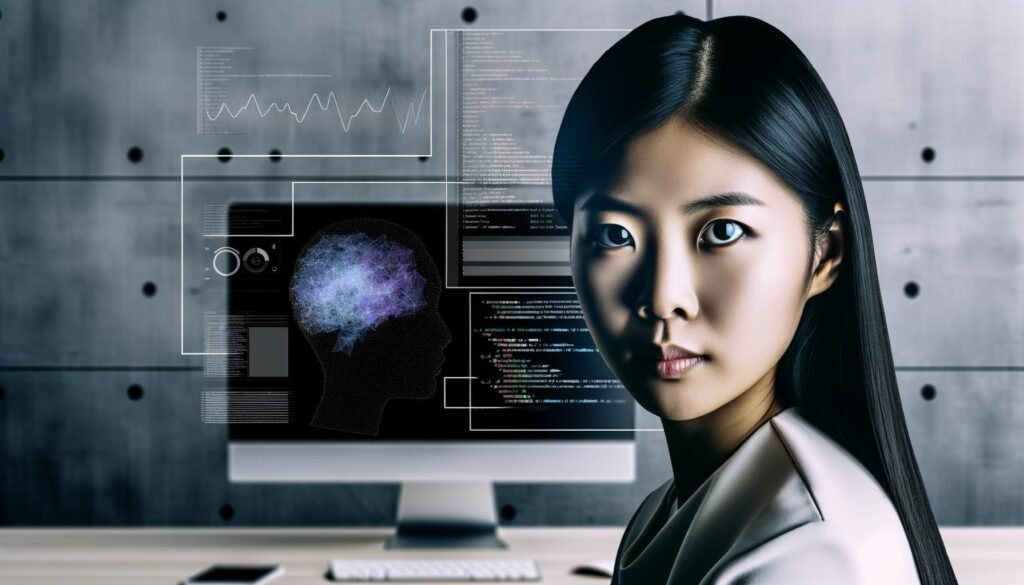 Porträt einer jungen asiatischen Frau mit intelligentem Blick in einem modernen Tech-Büro vor SEO-Dashboards und Code, umgeben von Wandgrafiken und KI-Algorithmen.