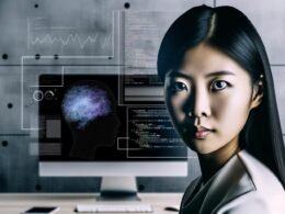 Porträt einer jungen asiatischen Frau mit intelligentem Blick in einem modernen Tech-Büro vor SEO-Dashboards und Code, umgeben von Wandgrafiken und KI-Algorithmen.