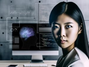 Porträt einer jungen asiatischen Frau mit intelligentem Blick in einem modernen Tech-Büro vor SEO-Dashboards und Code, umgeben von Wandgrafiken und KI-Algorithmen.