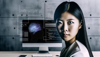 Porträt einer jungen asiatischen Frau mit intelligentem Blick in einem modernen Tech-Büro vor SEO-Dashboards und Code, umgeben von Wandgrafiken und KI-Algorithmen.
