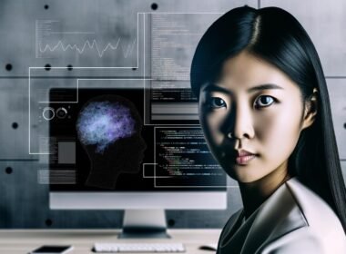 Porträt einer jungen asiatischen Frau mit intelligentem Blick in einem modernen Tech-Büro vor SEO-Dashboards und Code, umgeben von Wandgrafiken und KI-Algorithmen.