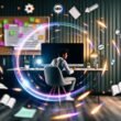 Moderne Homeoffice-Illustration mit fokussierter Person am Monitor, umgeben von Technik, Kaffee und Begriffen wie SEO und Content, Whiteboard im Hintergrund.
