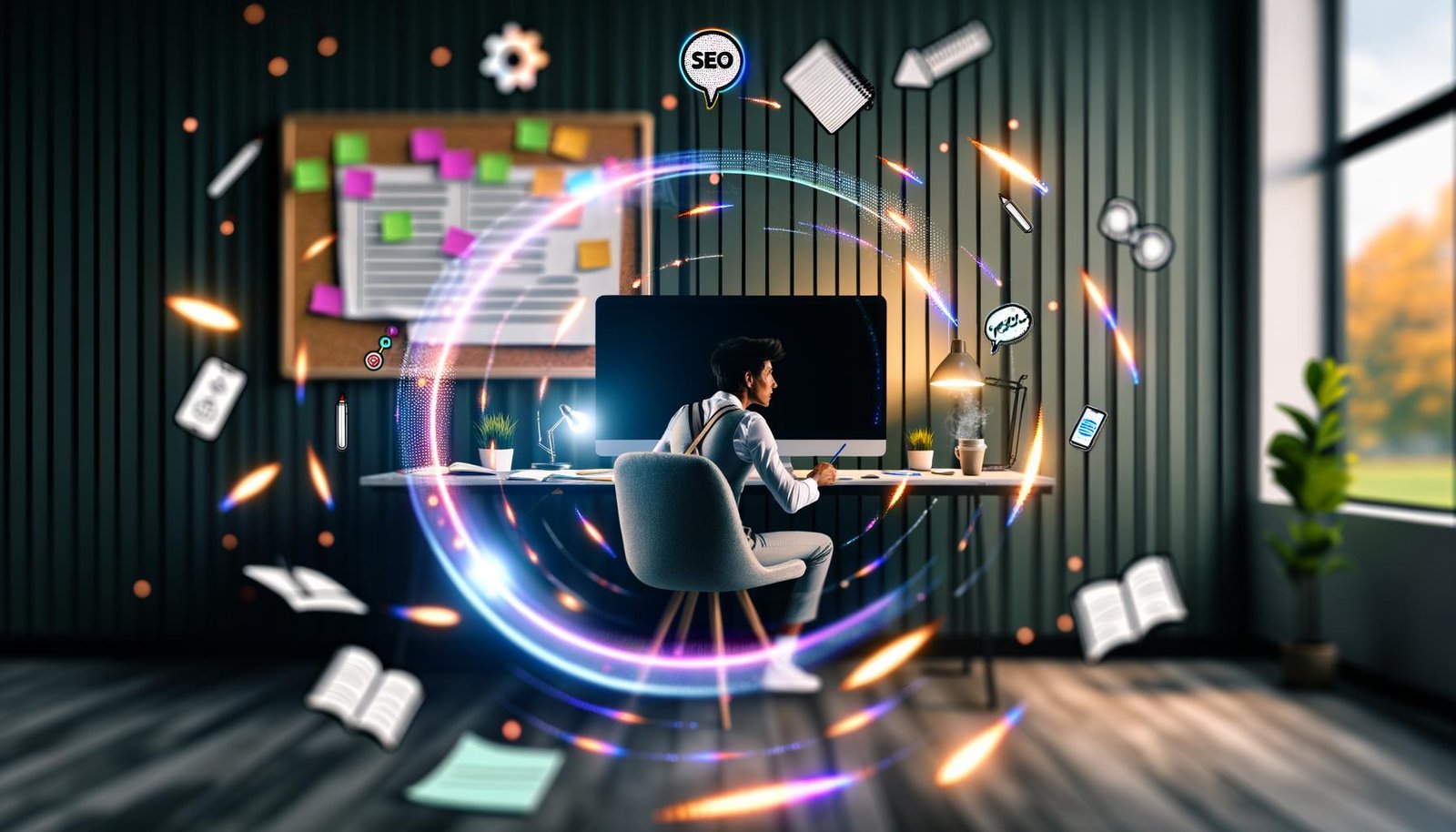 Moderne Homeoffice-Illustration mit fokussierter Person am Monitor, umgeben von Technik, Kaffee und Begriffen wie SEO und Content, Whiteboard im Hintergrund.