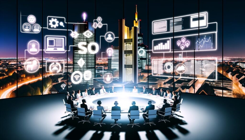 SEO-Expert*innen arbeiten im Kreis mit Laptops und Headsets an einem beleuchteten Tisch vor einer abendlichen Skyline, die mit digitalen Datenströmen, Webseiten und Analyse-Dashboards visualisiert ist.