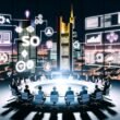 SEO-Expert*innen arbeiten im Kreis mit Laptops und Headsets an einem beleuchteten Tisch vor einer abendlichen Skyline, die mit digitalen Datenströmen, Webseiten und Analyse-Dashboards visualisiert ist.