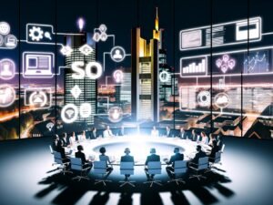 SEO-Expert*innen arbeiten im Kreis mit Laptops und Headsets an einem beleuchteten Tisch vor einer abendlichen Skyline, die mit digitalen Datenströmen, Webseiten und Analyse-Dashboards visualisiert ist.
