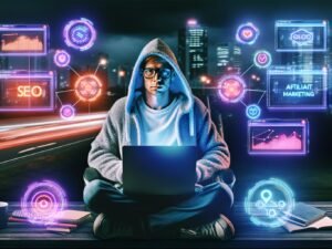 Junger Mann im Hoodie an Laptop, umgeben von Bildschirmen voller Daten und Neon-Icons wie SEO und Automatisierung, vor nächtlicher Großstadtskyline und digitaler Atmosphäre.