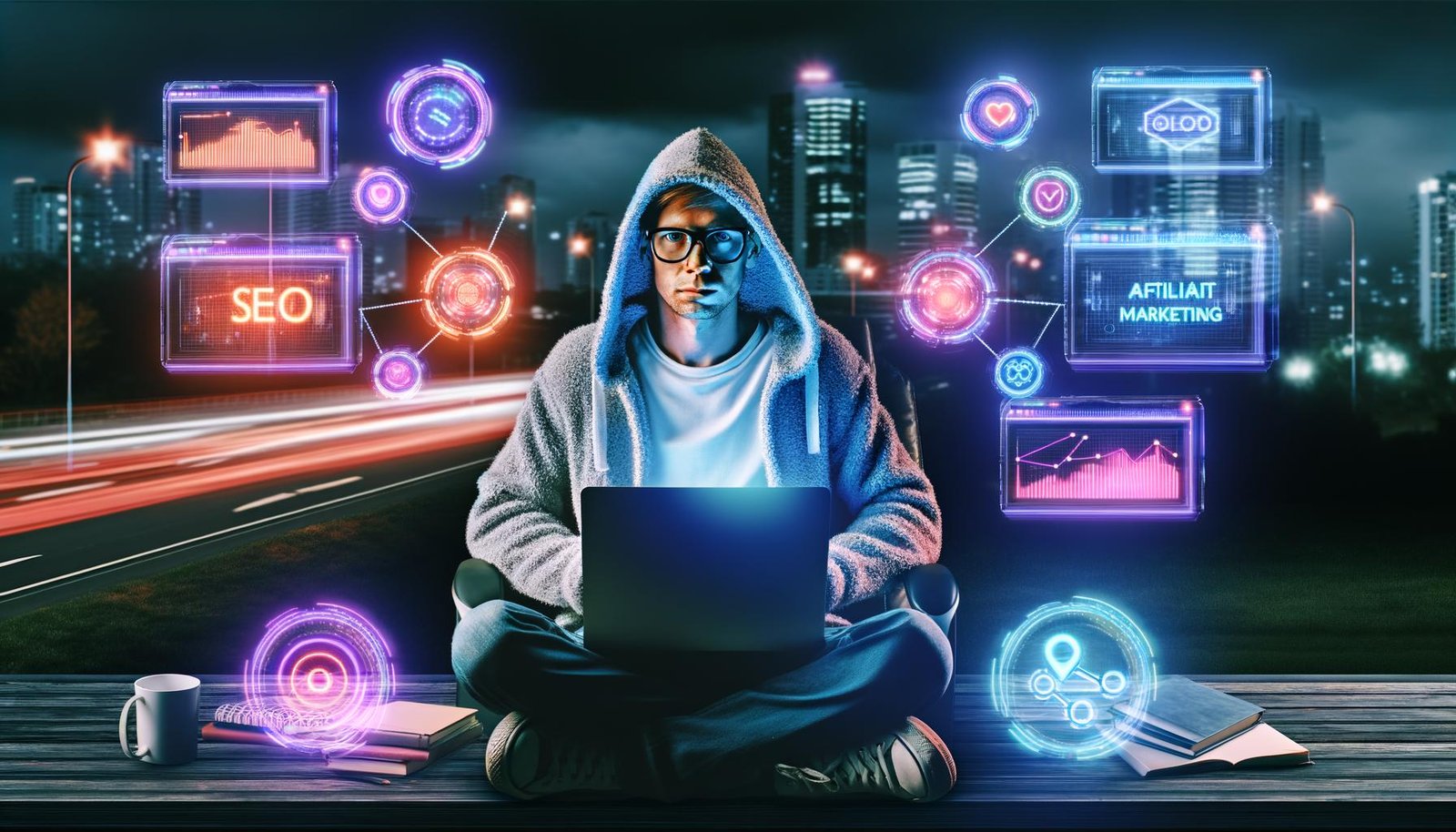 Junger Mann im Hoodie an Laptop, umgeben von Bildschirmen voller Daten und Neon-Icons wie SEO und Automatisierung, vor nächtlicher Großstadtskyline und digitaler Atmosphäre.