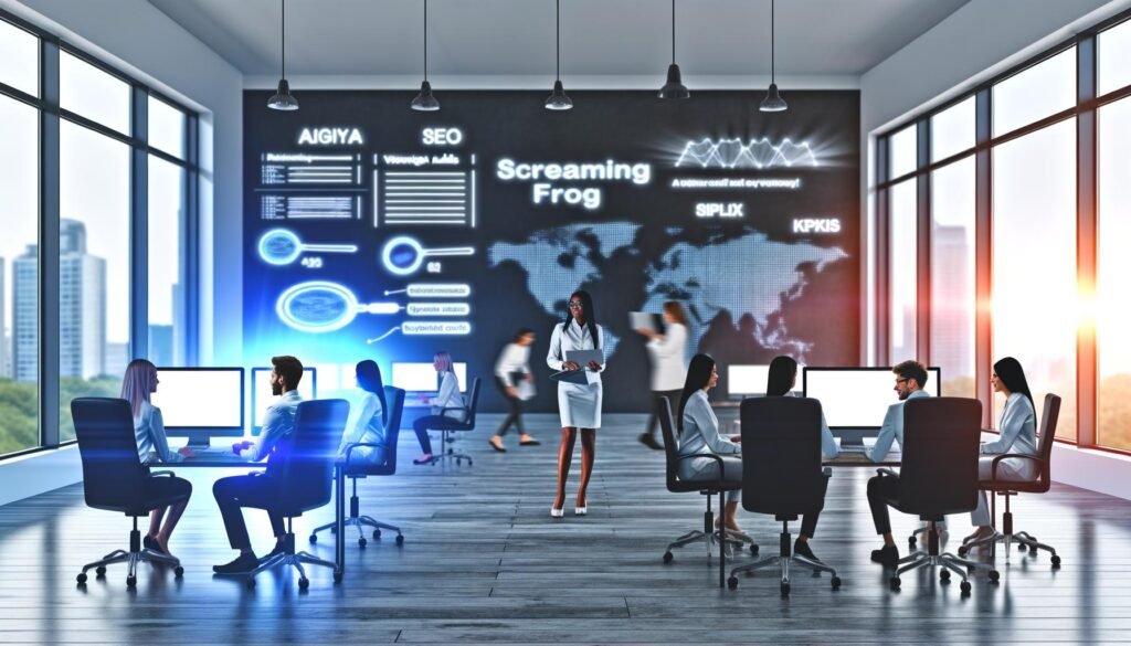 SEO-Experten arbeiten konzentriert in einem modernen Großraumbüro an Monitoren mit technischen Analysen, Website-Audits und Keyword-Daten, umgeben von Whiteboards mit Strategiediagrammen.