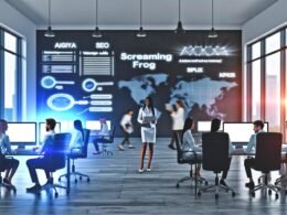 SEO-Experten arbeiten konzentriert in einem modernen Großraumbüro an Monitoren mit technischen Analysen, Website-Audits und Keyword-Daten, umgeben von Whiteboards mit Strategiediagrammen.