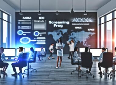 SEO-Experten arbeiten konzentriert in einem modernen Großraumbüro an Monitoren mit technischen Analysen, Website-Audits und Keyword-Daten, umgeben von Whiteboards mit Strategiediagrammen.