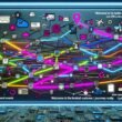 Cyberpunk-inspirierte visuelle Customer Journey Map mit bunten Linien, die zahlreiche Touchpoints und digitale Endgeräte verbinden, überlagert von Datenströmen und Popups, technische und düstere Hintergrundelemente.