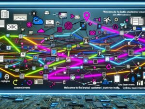 Cyberpunk-inspirierte visuelle Customer Journey Map mit bunten Linien, die zahlreiche Touchpoints und digitale Endgeräte verbinden, überlagert von Datenströmen und Popups, technische und düstere Hintergrundelemente.
