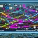 Cyberpunk-inspirierte visuelle Customer Journey Map mit bunten Linien, die zahlreiche Touchpoints und digitale Endgeräte verbinden, überlagert von Datenströmen und Popups, technische und düstere Hintergrundelemente.