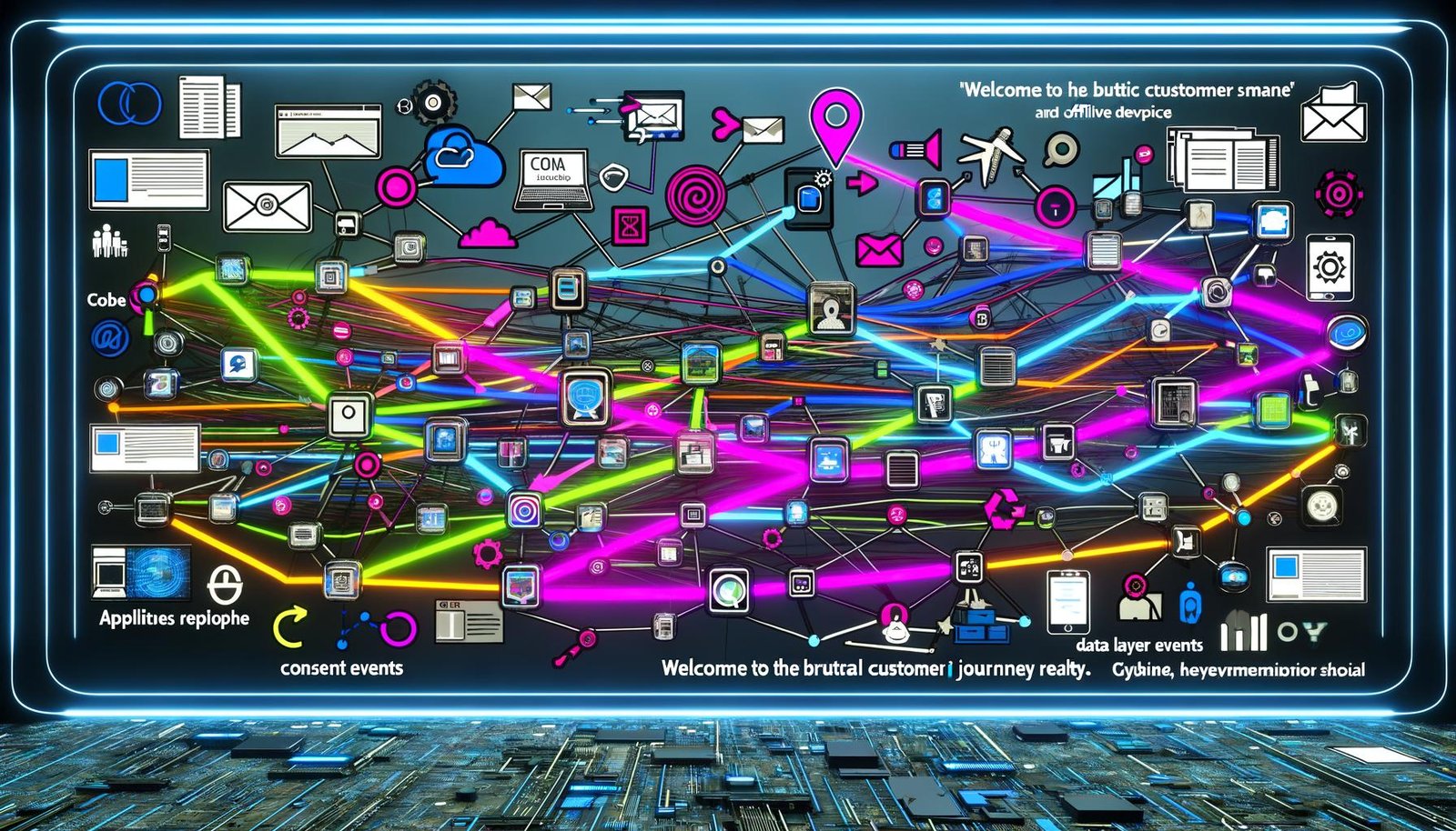 Cyberpunk-inspirierte visuelle Customer Journey Map mit bunten Linien, die zahlreiche Touchpoints und digitale Endgeräte verbinden, überlagert von Datenströmen und Popups, technische und düstere Hintergrundelemente.