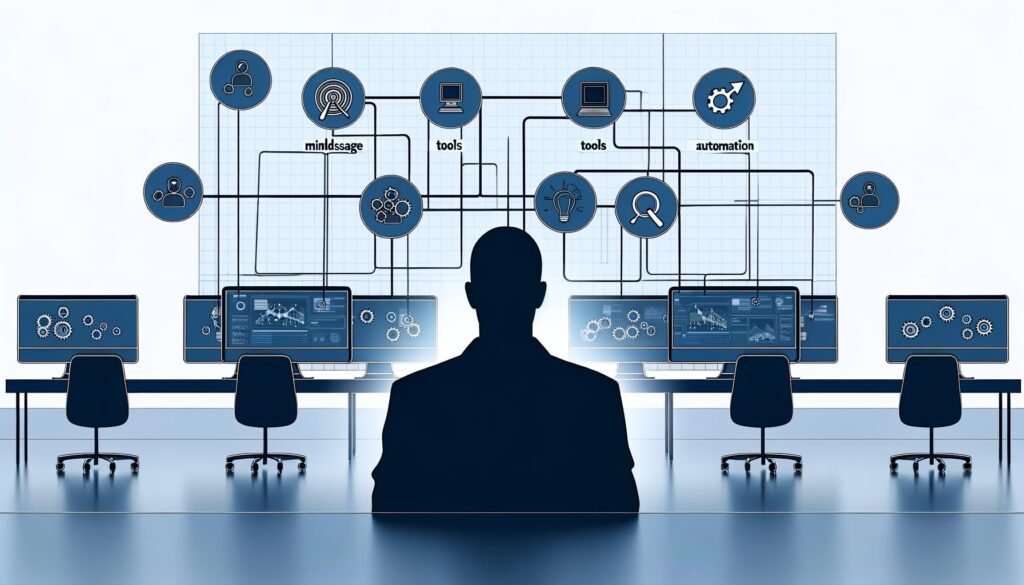 Minimalistische Illustration eines digitalen Profis vor mehreren Computern mit vernetztem Flowchart und Icons für Mindset, Tools, Automatisierung und Skalierung in kühlen, professionellen Farbtönen.