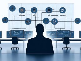 Minimalistische Illustration eines digitalen Profis vor mehreren Computern mit vernetztem Flowchart und Icons für Mindset, Tools, Automatisierung und Skalierung in kühlen, professionellen Farbtönen.