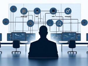 Minimalistische Illustration eines digitalen Profis vor mehreren Computern mit vernetztem Flowchart und Icons für Mindset, Tools, Automatisierung und Skalierung in kühlen, professionellen Farbtönen.