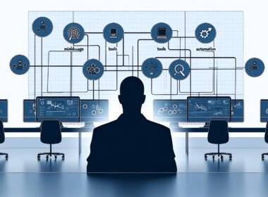 Minimalistische Illustration eines digitalen Profis vor mehreren Computern mit vernetztem Flowchart und Icons für Mindset, Tools, Automatisierung und Skalierung in kühlen, professionellen Farbtönen.
