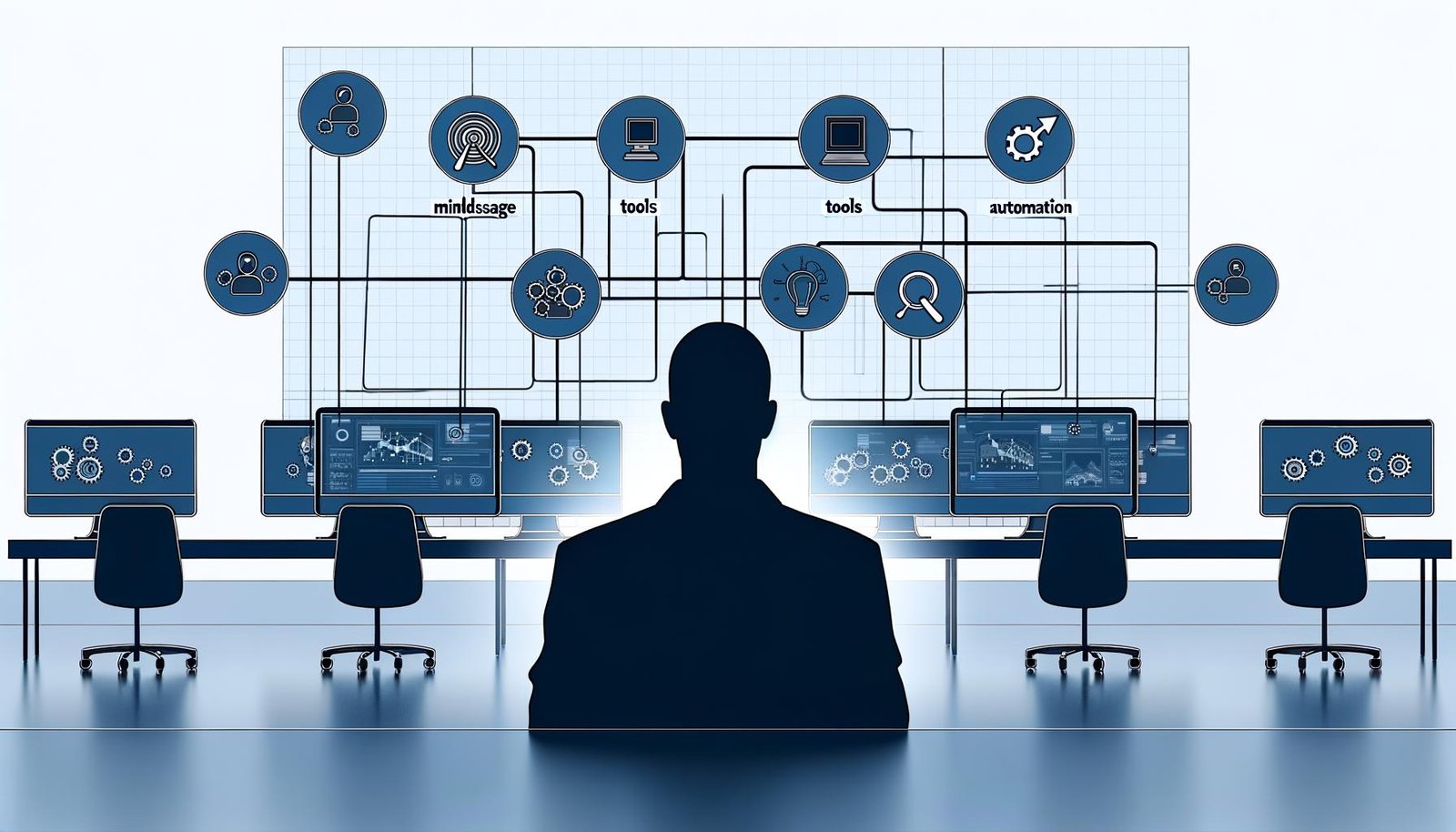Minimalistische Illustration eines digitalen Profis vor mehreren Computern mit vernetztem Flowchart und Icons für Mindset, Tools, Automatisierung und Skalierung in kühlen, professionellen Farbtönen.