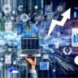 Abstraktes Amazon-Listings-Dashboard mit technischen Tools, Datenströmen, Ranking-Kurven, Bewertungssymbolen und A9-Algorithmus-KI-Wolke in blau-metallischen Farben.