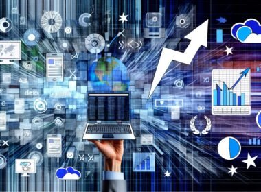 Abstraktes Amazon-Listings-Dashboard mit technischen Tools, Datenströmen, Ranking-Kurven, Bewertungssymbolen und A9-Algorithmus-KI-Wolke in blau-metallischen Farben.
