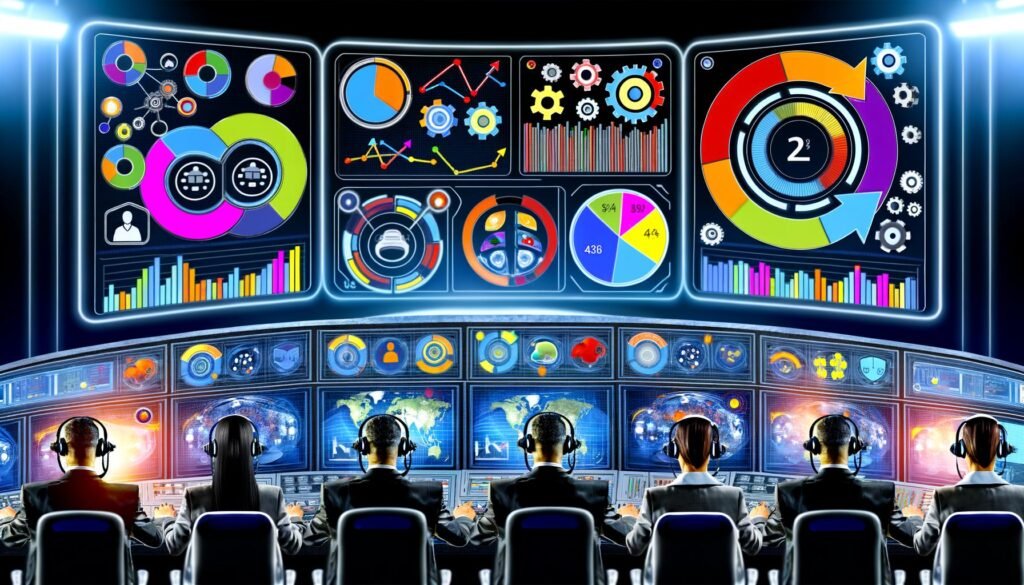 Marketing-Fachleute analysieren konzentriert Monitore mit Analytics, KPI-Charts und Conversion-Funnels in einem stilisierten, digitalen Maschinenraum.