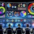 Marketing-Fachleute analysieren konzentriert Monitore mit Analytics, KPI-Charts und Conversion-Funnels in einem stilisierten, digitalen Maschinenraum.