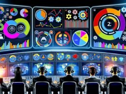 Marketing-Fachleute analysieren konzentriert Monitore mit Analytics, KPI-Charts und Conversion-Funnels in einem stilisierten, digitalen Maschinenraum.