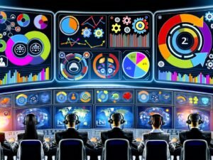 Marketing-Fachleute analysieren konzentriert Monitore mit Analytics, KPI-Charts und Conversion-Funnels in einem stilisierten, digitalen Maschinenraum.