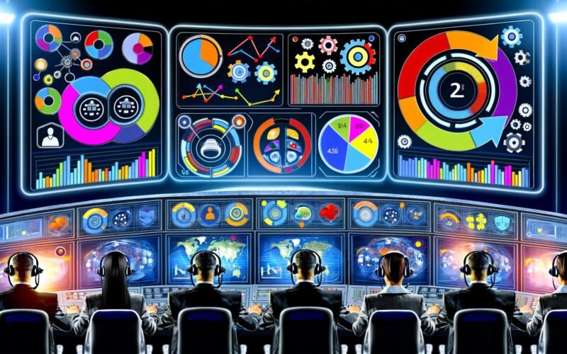 Marketing-Fachleute analysieren konzentriert Monitore mit Analytics, KPI-Charts und Conversion-Funnels in einem stilisierten, digitalen Maschinenraum.