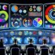 Marketing-Fachleute analysieren konzentriert Monitore mit Analytics, KPI-Charts und Conversion-Funnels in einem stilisierten, digitalen Maschinenraum.