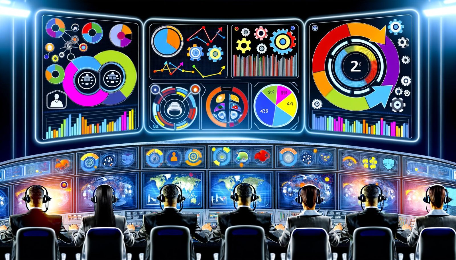 Marketing-Fachleute analysieren konzentriert Monitore mit Analytics, KPI-Charts und Conversion-Funnels in einem stilisierten, digitalen Maschinenraum.