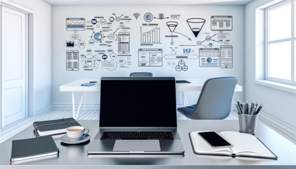 Moderner Arbeitsplatz mit Laptop, Tablet, Smartphone und Whiteboards mit Marketing-Diagrammen in einem hellen, minimalistischen Büro.