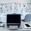 Moderner Arbeitsplatz mit Laptop, Tablet, Smartphone und Whiteboards mit Marketing-Diagrammen in einem hellen, minimalistischen Büro.