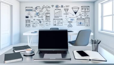 Moderner Arbeitsplatz mit Laptop, Tablet, Smartphone und Whiteboards mit Marketing-Diagrammen in einem hellen, minimalistischen Büro.