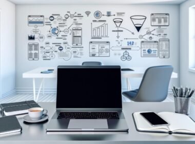 Moderner Arbeitsplatz mit Laptop, Tablet, Smartphone und Whiteboards mit Marketing-Diagrammen in einem hellen, minimalistischen Büro.